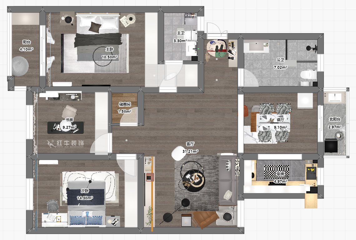 蔣?。鼤r(shí)代雅居18-305-130㎡-現(xiàn)代簡(jiǎn)約風(fēng)格｜3室2廳2衛(wèi)｜老房裝修｜定制家｜全包15萬(wàn)｜00_03平面彩圖
