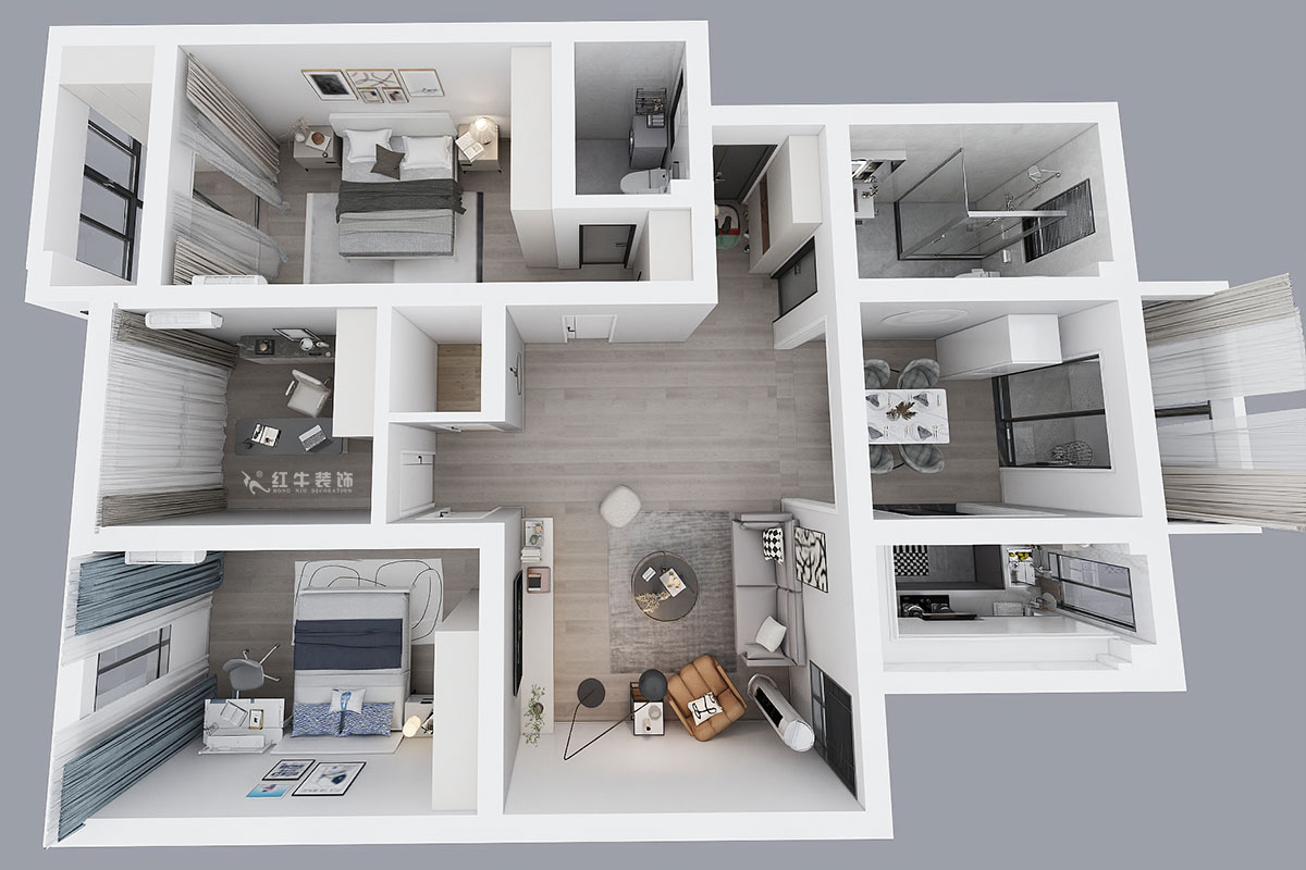 蔣?。鼤r(shí)代雅居18-305-130㎡-現(xiàn)代簡(jiǎn)約風(fēng)格｜3室2廳2衛(wèi)｜老房裝修｜定制家｜全包15萬(wàn)｜00_04鳥瞰圖