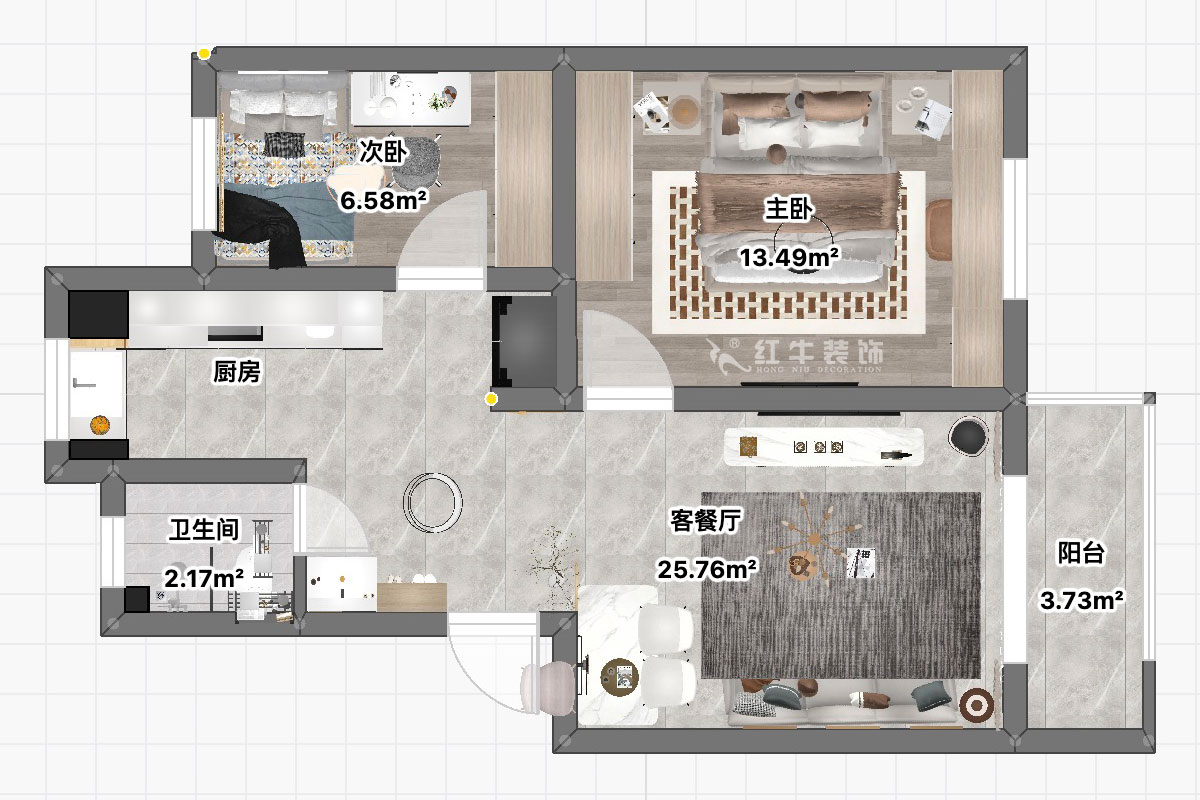朱彥|養(yǎng)回紅村5號小區(qū)5-1-101-65㎡-現(xiàn)代簡約風格|3室1廳1衛(wèi)|老房裝修|定制家|全包11萬|00_03平面彩圖