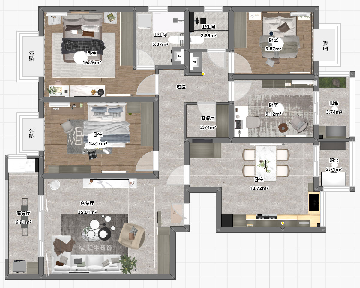 陸利民|楓丹白露7-3-702-160㎡-現(xiàn)代簡約風(fēng)格|4室2廳2衛(wèi)|舊房裝修|定制家|全包23萬|00_03平面彩圖