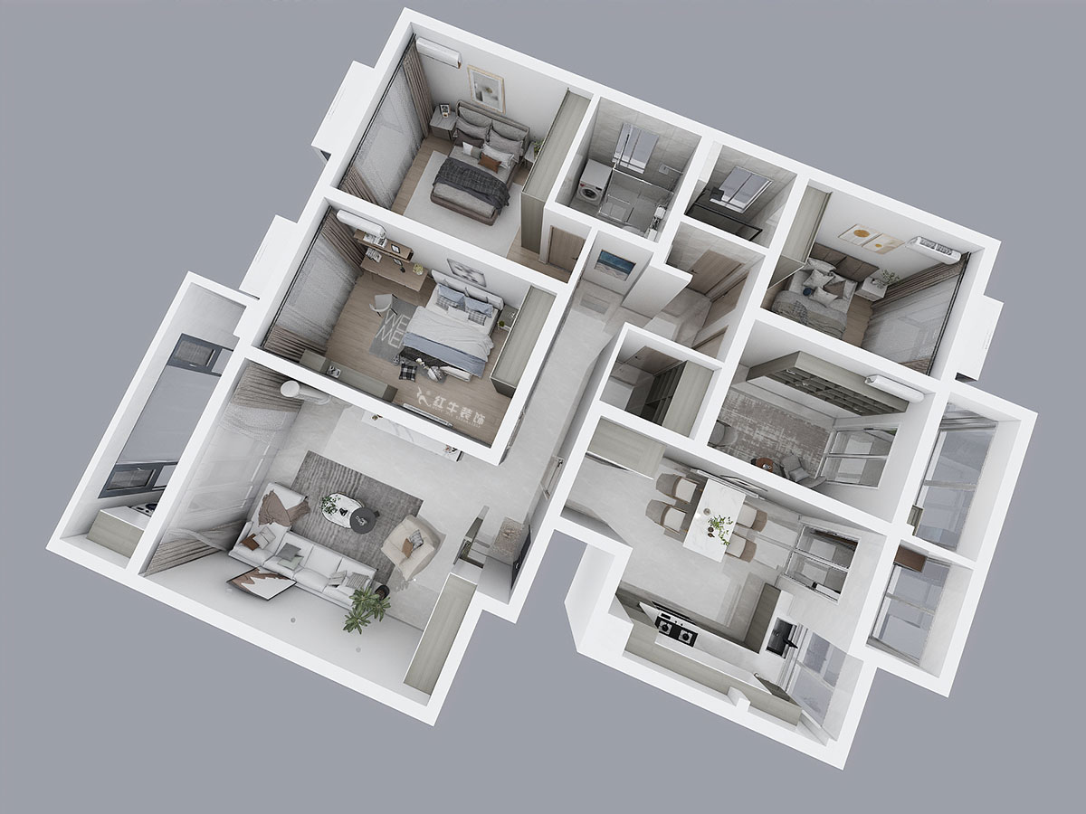 陸利民|楓丹白露7-3-702-160㎡-現(xiàn)代簡約風(fēng)格|4室2廳2衛(wèi)|舊房裝修|定制家|全包23萬|00_04鳥瞰圖