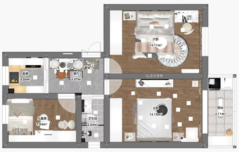 蔣?。P凰莊169-301-65㎡-現(xiàn)代簡(jiǎn)約風(fēng)格｜3室1廳1衛(wèi)｜老房裝修｜定制家｜全包10萬｜00_03平面彩圖