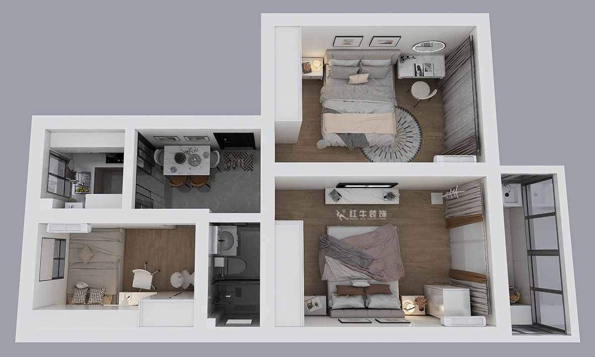 蔣琛｜鳳凰莊169-301-65㎡-現(xiàn)代簡(jiǎn)約風(fēng)格｜3室1廳1衛(wèi)｜老房裝修｜定制家｜全包10萬｜00_04鳥瞰圖