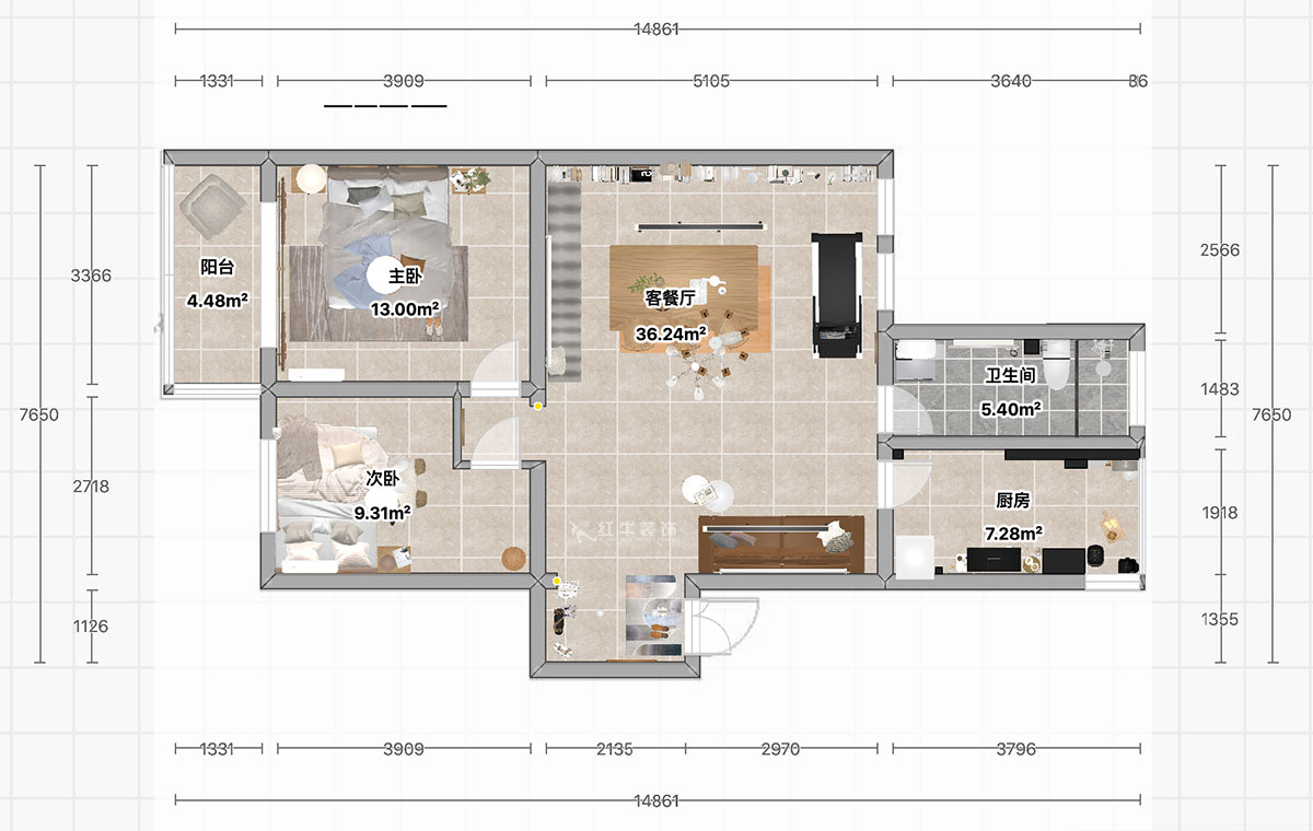 顧娟|御河苑1-2-704-103㎡-現(xiàn)代簡(jiǎn)約風(fēng)格|2室2廳1衛(wèi)|舊房裝修|定制家|全包13萬|00_03平面彩圖