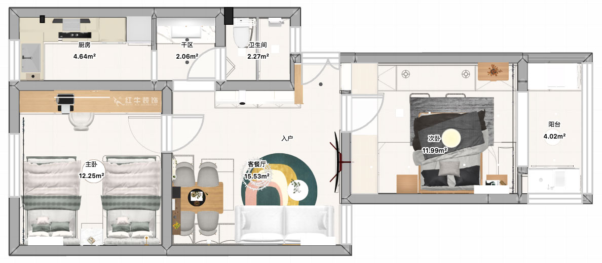 張智猿|煤炭港60號1-3-102-60㎡-現(xiàn)代奶油風|2室1廳1衛(wèi)|老房裝修|定制家|全包12萬|00_04平面彩圖