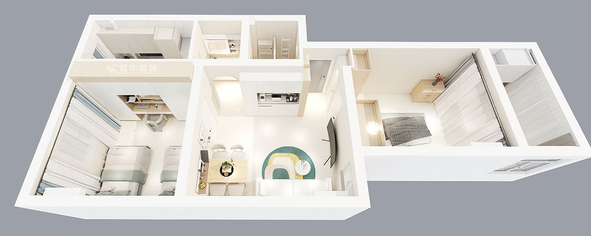 張智猿|煤炭港60號1-3-102-60㎡-現(xiàn)代奶油風|2室1廳1衛(wèi)|老房裝修|定制家|全包12萬|00_05鳥瞰圖