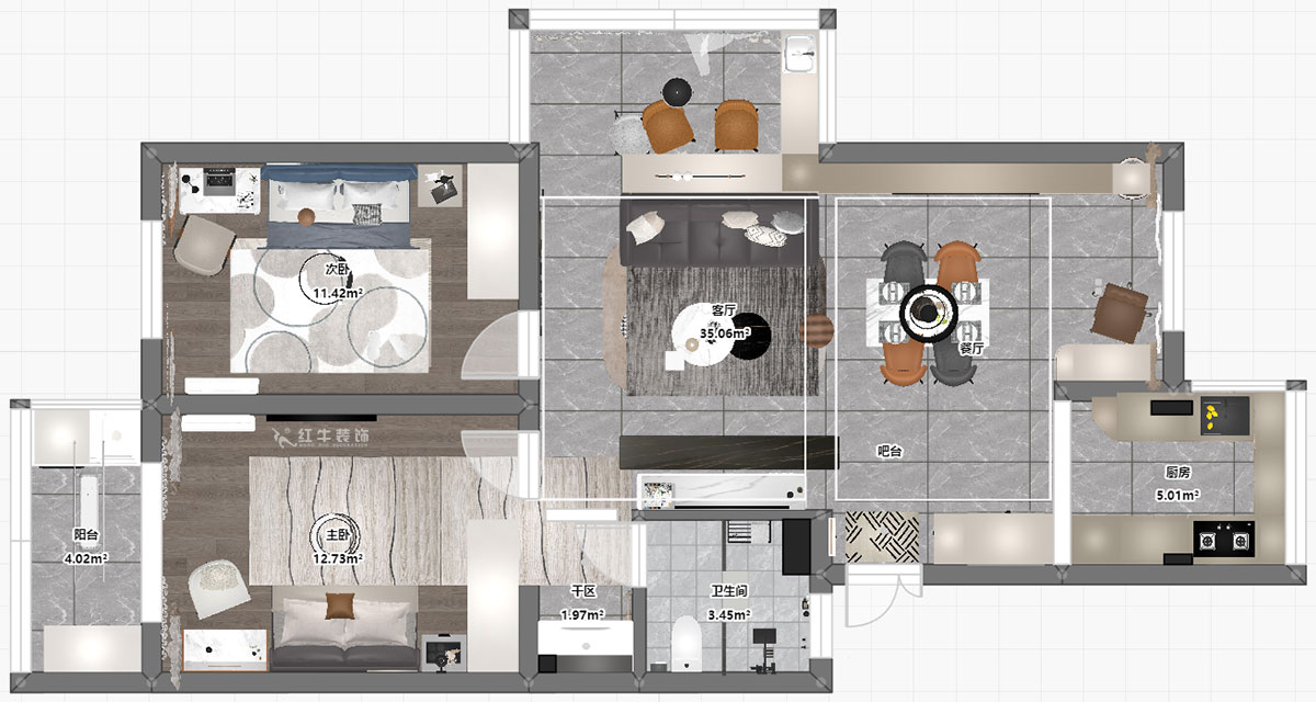 孟憲濤|武定新村5-5-310-90㎡-現(xiàn)代簡(jiǎn)約風(fēng)格|2室2廳1衛(wèi)|老房裝修|定制家|全包14萬(wàn)|00_03平面彩圖