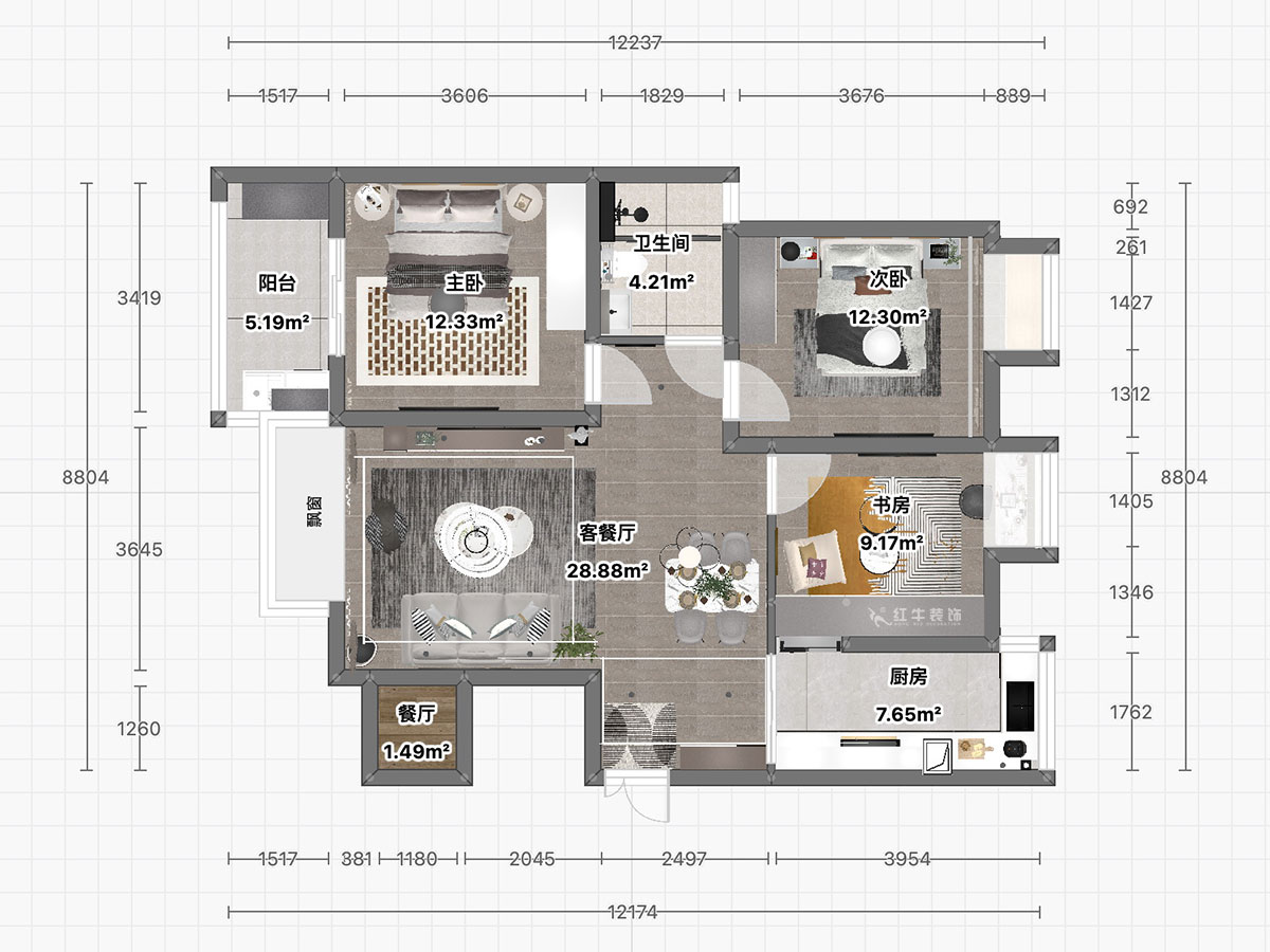 朱彥|恒山花苑1-3-703-106㎡-現(xiàn)代簡(jiǎn)約風(fēng)格|3室2廳1衛(wèi)|新房裝修|定制家|全包14萬|00_03平面彩圖