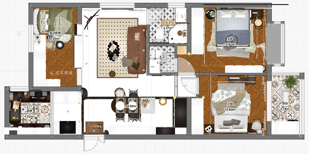 孟憲濤|觀泓雅苑A區(qū)6-2101-115㎡-法式南洋復古風格|3室1廳2衛(wèi)|新房裝修|定制家|全包16萬|00_03平面彩圖