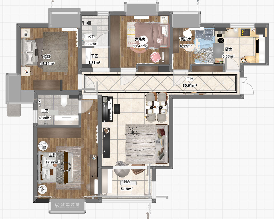 劉小勇|萬和源居4-2-1608-130㎡-現(xiàn)代簡約風格|3室2廳2衛(wèi)|老房裝修|定制家|全包18萬|00_03平面彩圖