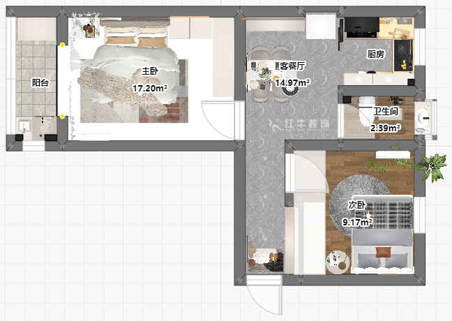 朱明琪|碑亭巷139號2-503-57㎡-現(xiàn)代風(fēng)格|2室1廳1衛(wèi)|老房改造|定制家|全包12萬|00_03平面彩圖