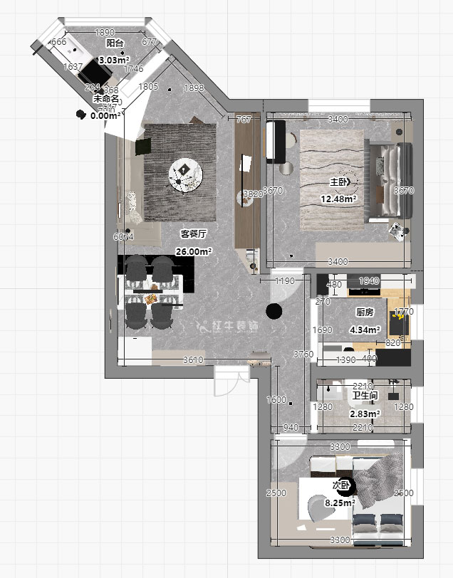 孟憲濤|北門橋10號(hào)1508室-85㎡-現(xiàn)代簡(jiǎn)約風(fēng)格|2室2廳1衛(wèi)|老房裝修|定制家|全包12萬|00_04平面彩圖
