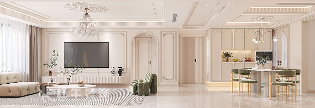 蔣?。鸪?1-3-2206-140㎡-法式奶油風(fēng)格｜3室2廳2衛(wèi)｜新房裝修｜定制家｜全包23萬｜00電視背景