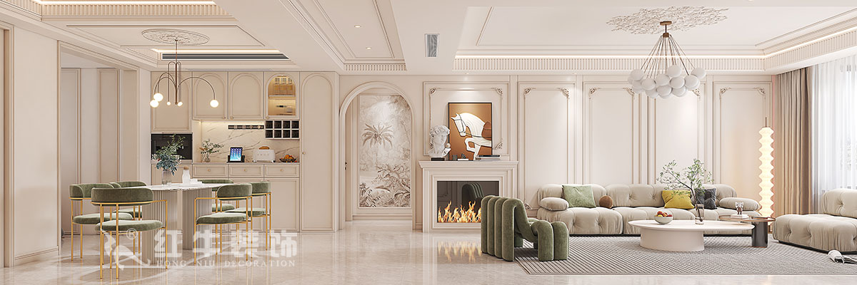 蔣?。鸪?1-3-2206-140㎡-法式奶油風(fēng)格｜3室2廳2衛(wèi)｜新房裝修｜定制家｜全包23萬｜00沙發(fā)背景