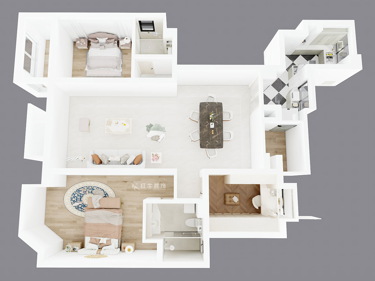 蔣?。鸪?1-3-2206-140㎡-法式奶油風(fēng)格｜3室2廳2衛(wèi)｜新房裝修｜定制家｜全包23萬｜00_04鳥瞰圖