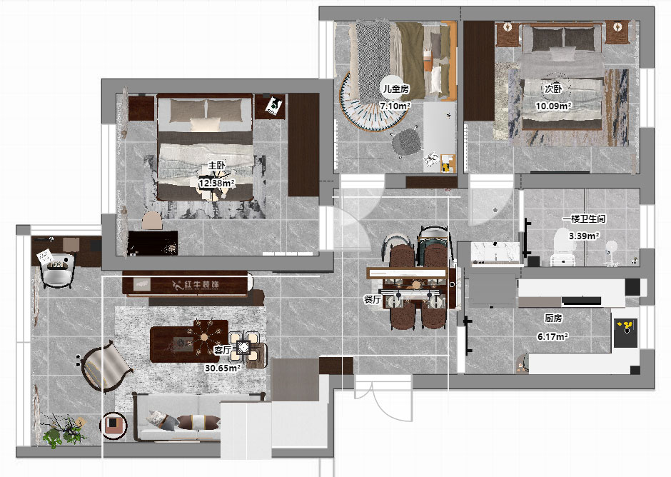 孟憲濤|攝山星城步青苑18-2-604-120㎡-現(xiàn)代簡(jiǎn)約風(fēng)格|4室2廳2衛(wèi)|毛坯房裝修|定制家|全包16萬|00_05一樓平面彩圖