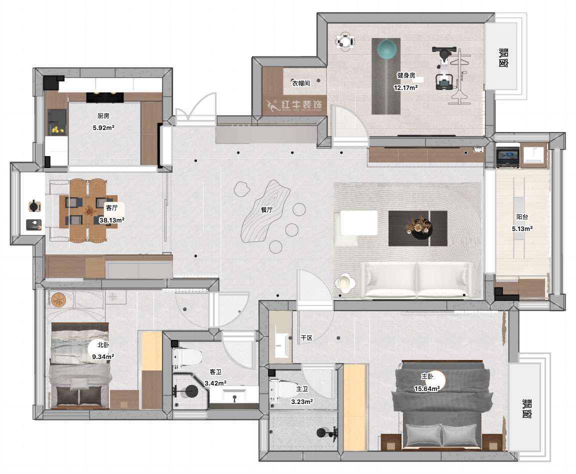 張智猿|啟迪城博園1-302-114㎡-現(xiàn)代風格|3室2廳1衛(wèi)|新房裝修|定制家|全包17萬|00_04平面彩圖