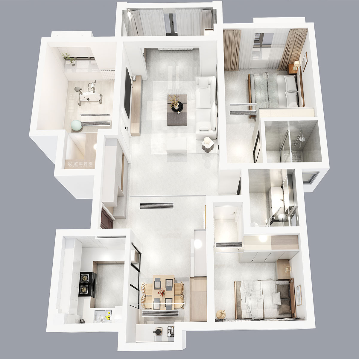 張智猿|啟迪城博園1-302-114㎡-現(xiàn)代風格|3室2廳1衛(wèi)|新房裝修|定制家|全包17萬|00_06鳥瞰圖1