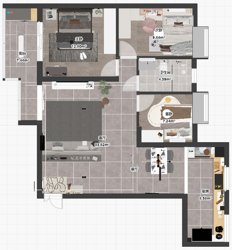 孟憲濤|橋西苑2-1-1104-108㎡-簡(jiǎn)約風(fēng)格|3室2廳1衛(wèi)|老房裝修|定制家|全包14萬(wàn)|00_03平面彩圖