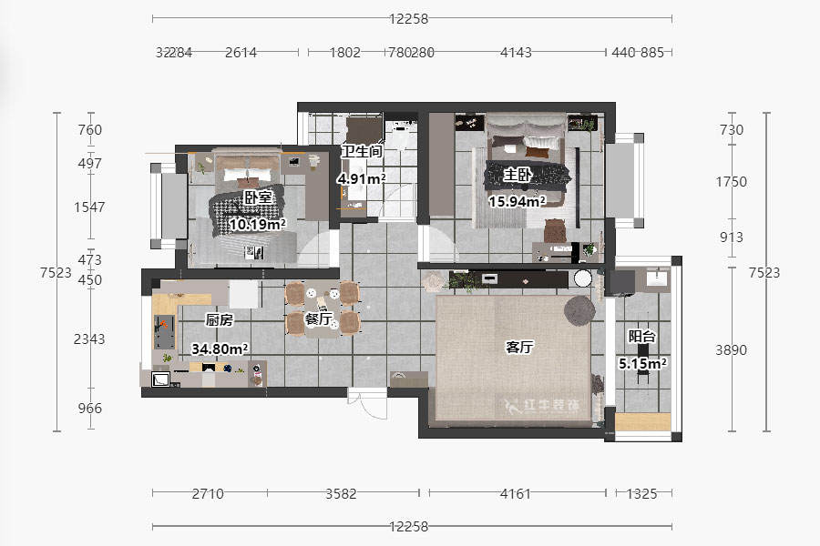 朱明琪|挪威森林14-705-90㎡-現(xiàn)代風(fēng)格|2室2廳1衛(wèi)|老房裝修|定制家|全包13萬(wàn)|00_03平面彩圖