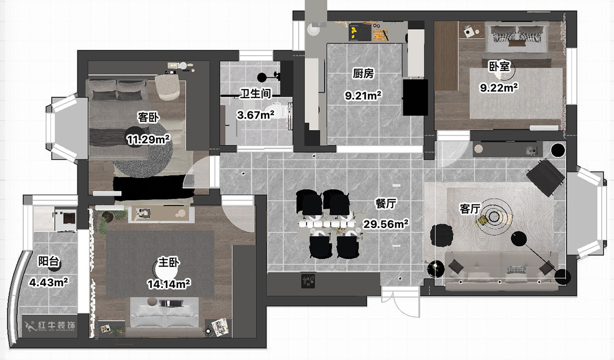 吳波|良城美景15-1-902-105㎡-現(xiàn)代簡約風(fēng)格|3室2廳1衛(wèi)|舊房裝修|定制家|全包14萬|00_04平面彩圖