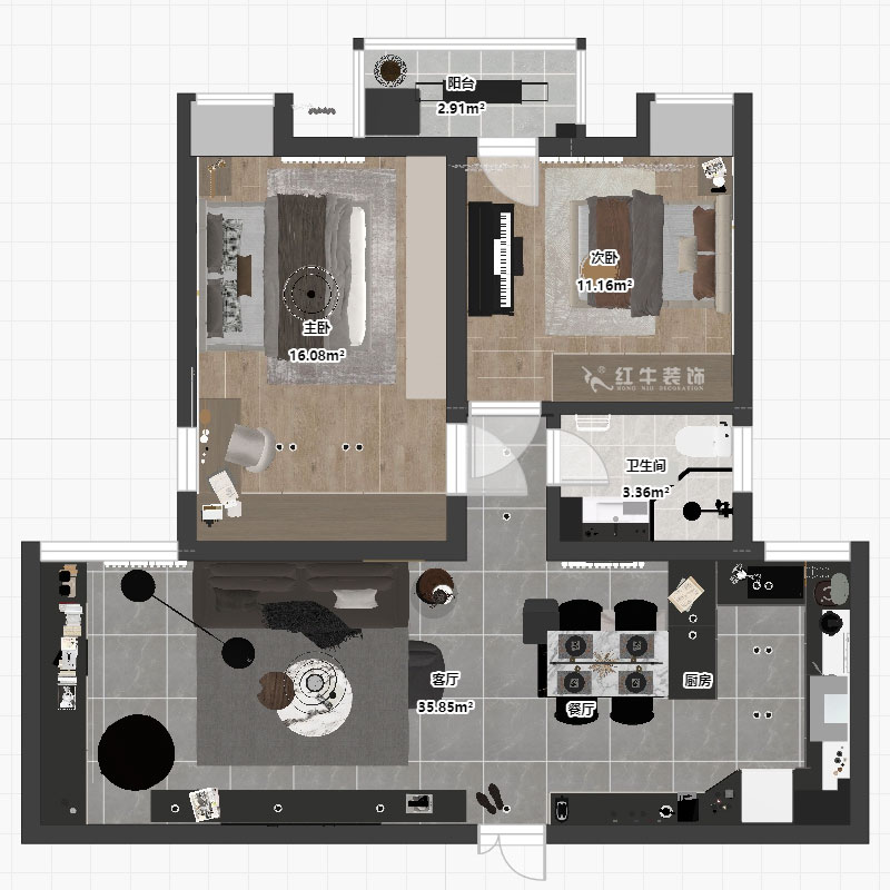 劉萍萍|潤(rùn)花園2-2-202-94㎡-現(xiàn)代簡(jiǎn)約風(fēng)格|2室2廳1衛(wèi)|老房裝修|定制家|全包13萬|00_04平面彩圖