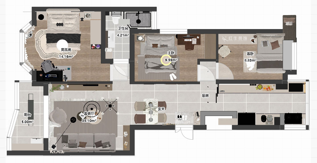 朱明琪|怡馨花園1-2-202-98㎡-現(xiàn)代簡約風格|3室2廳1衛(wèi)|老房裝修|定制家|全包15萬|00_03平面彩圖