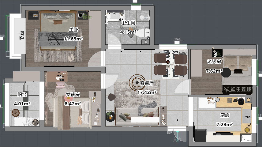 吳波|鳳悅北園3-1-1306-87㎡-現代簡約風格|3室2廳1衛(wèi)|舊房裝修|定制家|全包12萬|00_04平面彩圖