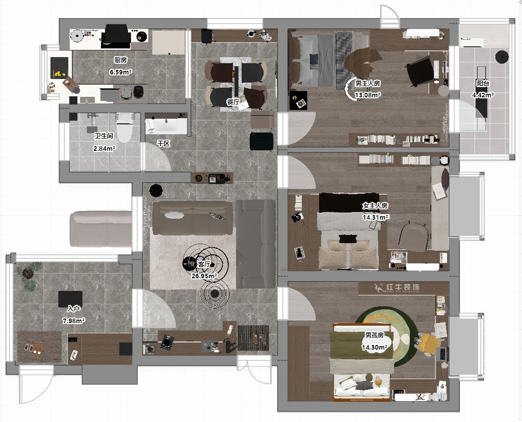 劉小勇|二十八所62-401-100㎡-現(xiàn)代簡(jiǎn)約風(fēng)格|3室2廳1衛(wèi)|老房裝修|定制家|全包14萬(wàn)|00_03平面彩圖