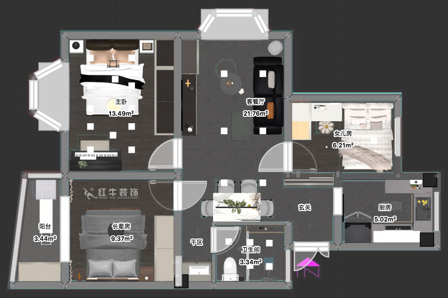 朱明琪|曙光里4-15-102-87㎡-現(xiàn)代簡約風格|3室1廳1衛(wèi)|老房裝修|定制家|全包14萬|00_03平面彩圖