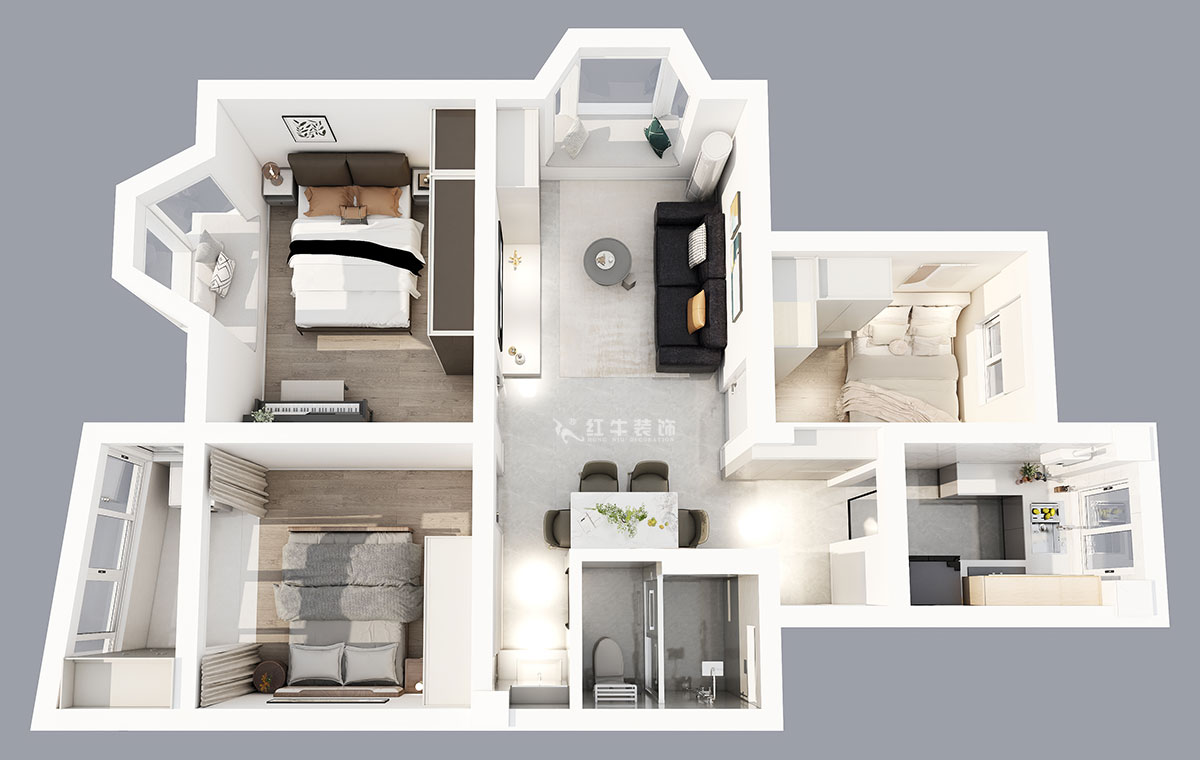 朱明琪|曙光里4-15-102-87㎡-現(xiàn)代簡約風格|3室1廳1衛(wèi)|老房裝修|定制家|全包14萬|00_04鳥瞰圖