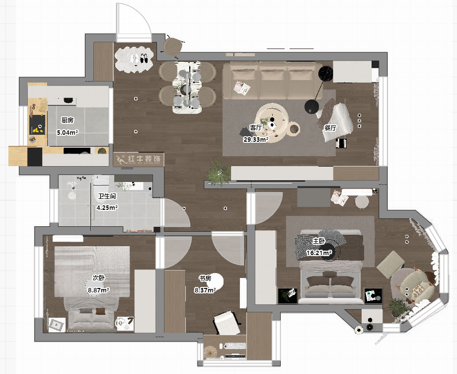 蔣琛｜中南世紀(jì)雅苑二期4-504-93㎡-現(xiàn)代簡(jiǎn)約風(fēng)格｜3室1廳1衛(wèi)｜毛坯房裝修｜定制家｜全包12萬(wàn)｜00_03平面彩圖