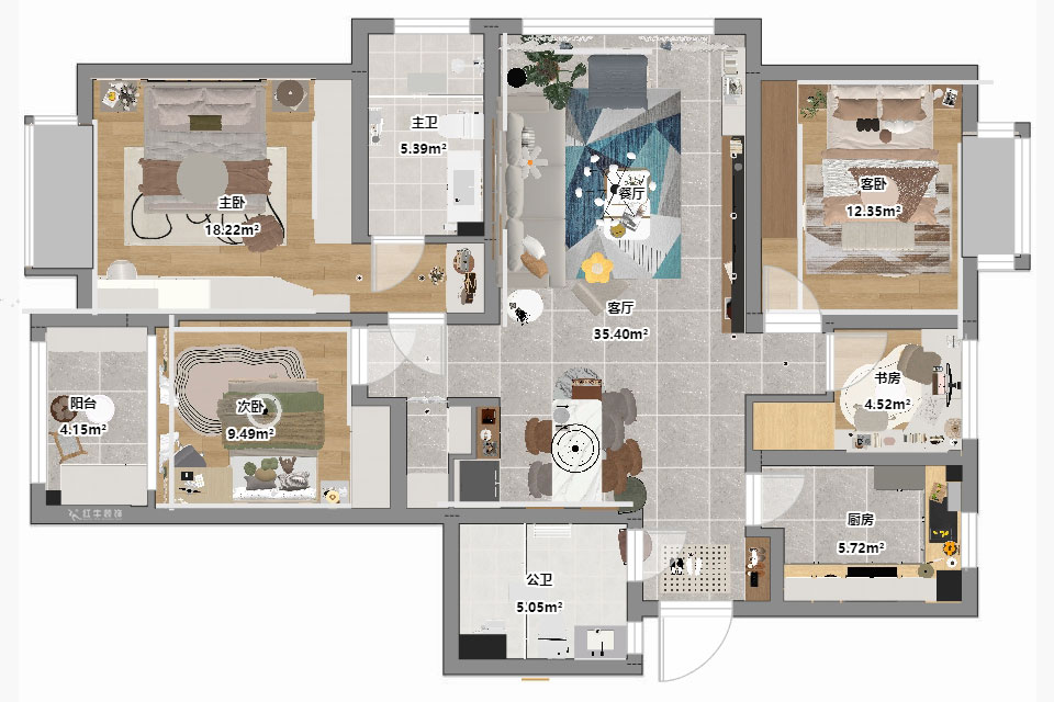 朱明琪|星葉瑜憬灣2-2-1006-127㎡-北歐風格|3室2廳2衛(wèi)|新房裝修|定制家|全包16萬|00_03平面彩圖