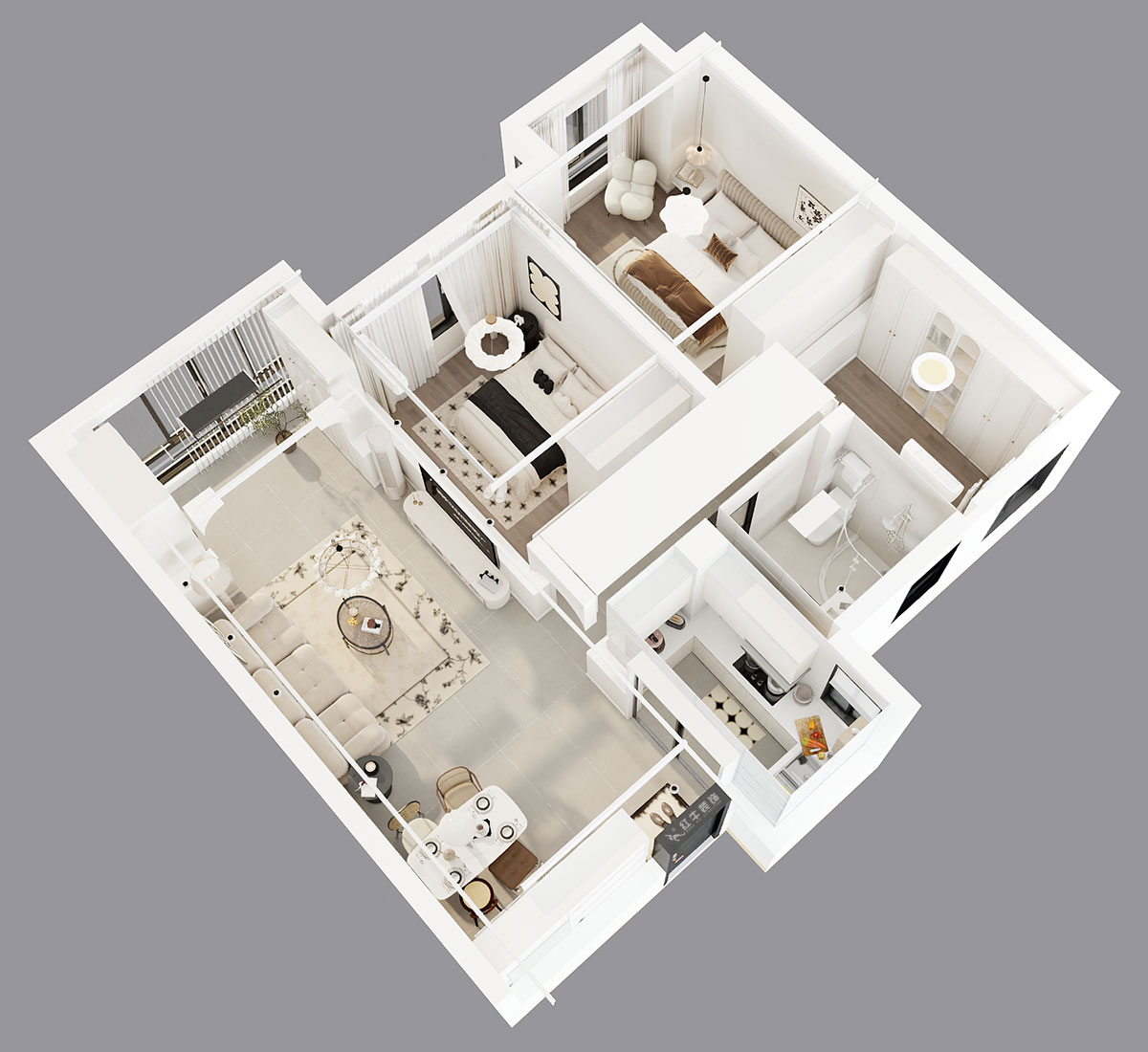 吳波|紫金上品苑4-1002-90㎡-現(xiàn)代簡約風格|3室2廳1衛(wèi)|新房裝修|定制家|全包12萬|00_05鳥瞰圖