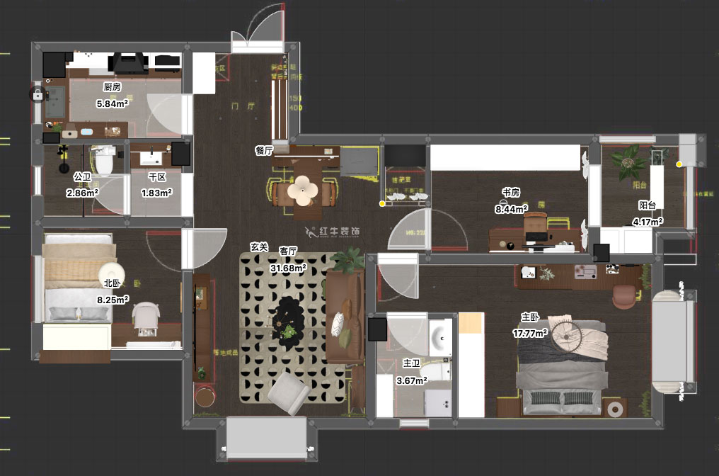 蔣?。鹩驀H10-2004-105㎡-現(xiàn)代簡約風(fēng)格｜3室1廳1衛(wèi)｜毛坯裝修｜定制家｜全包12萬｜00_03平面彩圖