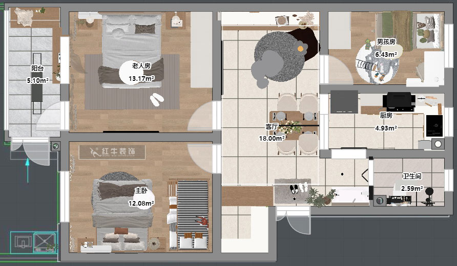 吳波|土壤研究所小區(qū)27-102-77㎡-現(xiàn)代簡約風(fēng)格|3室2廳1衛(wèi)|舊房裝修|定制家|全包11萬|00_04平面彩圖