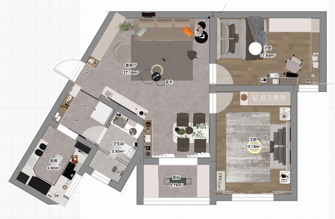 蔣?。埥^(qū)陽光廣場5-2002-90㎡-現代簡約風格｜2室2廳1衛(wèi)｜二手房裝修｜定制家｜全包12萬｜00_03平面彩圖