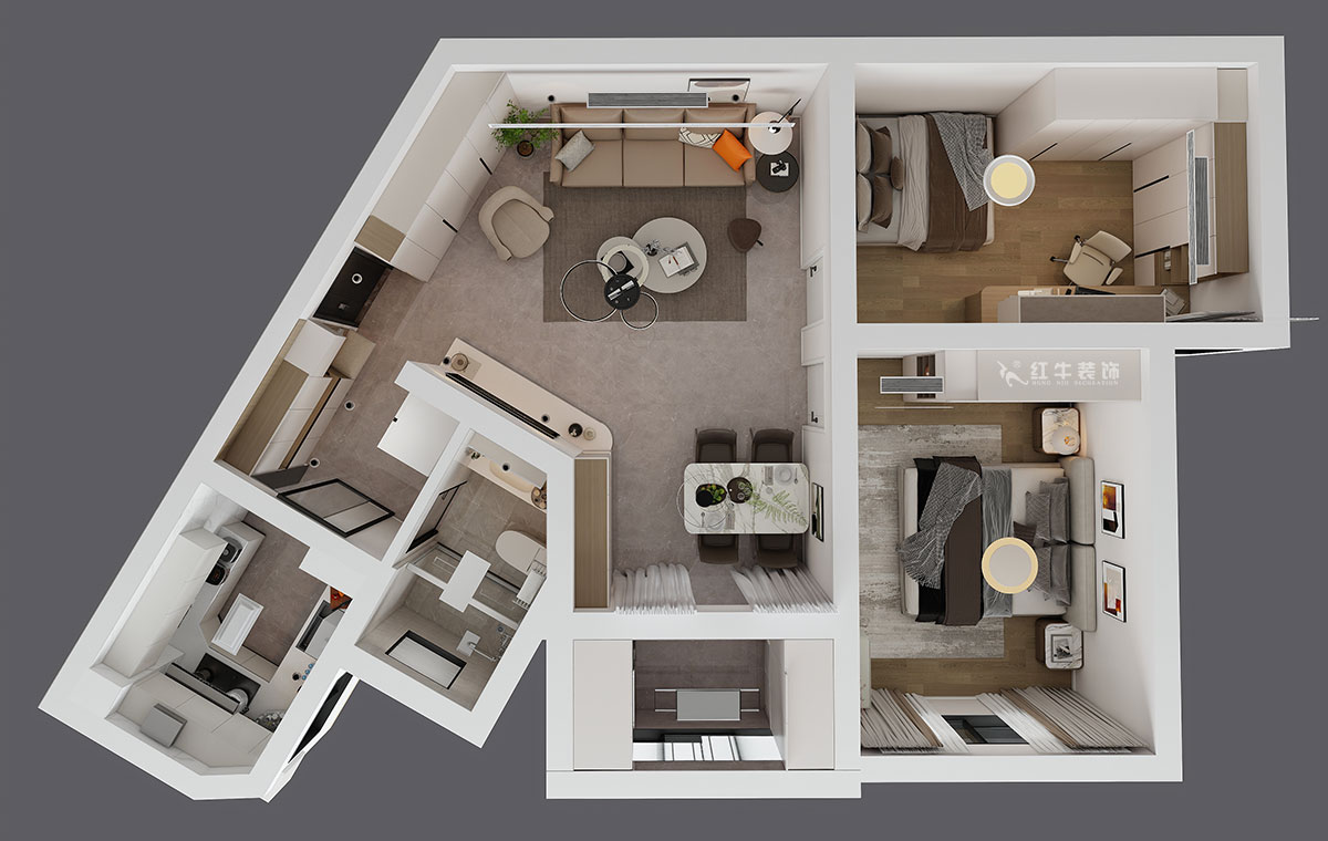 蔣琛｜龍江小區(qū)陽光廣場5-2002-90㎡-現代簡約風格｜2室2廳1衛(wèi)｜二手房裝修｜定制家｜全包12萬｜00_04鳥瞰圖