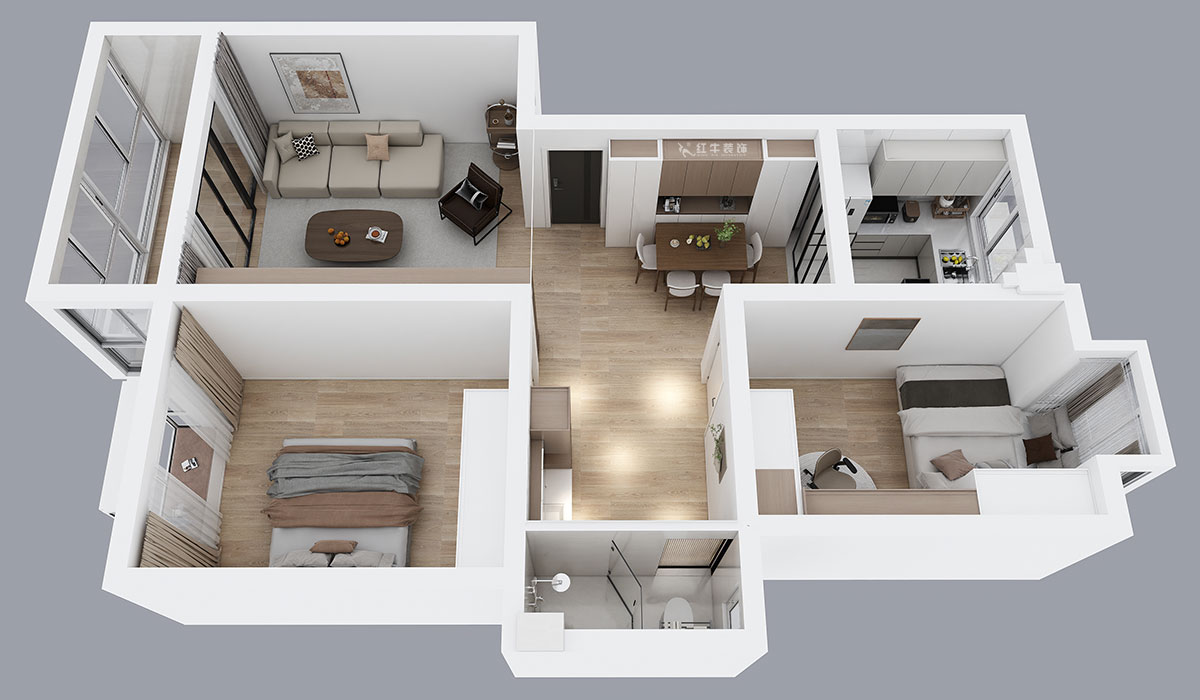 朱明琪|天潤(rùn)城六街區(qū)30-103-85㎡-原木風(fēng)格|2室1廳1衛(wèi)|老房裝修|定制家|全包11萬|00_04鳥瞰圖