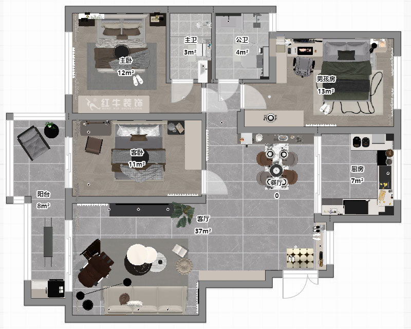 魏明花|紫金東郡57-504-113㎡-現(xiàn)代簡約風(fēng)格|3室2廳2衛(wèi)|二手房改造|定制家|全包16萬|00_03平面彩圖