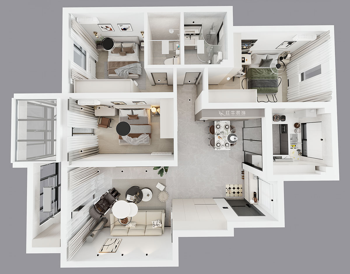 魏明花|紫金東郡57-504-113㎡-現(xiàn)代簡約風(fēng)格|3室2廳2衛(wèi)|二手房改造|定制家|全包16萬|00_04鳥瞰圖