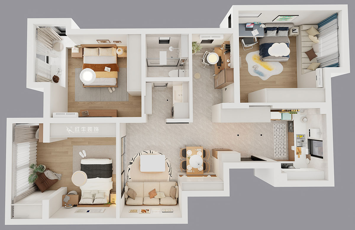 仇美蓉|紫玉山莊1-204-85㎡-原木奶油風格|3室2廳1衛(wèi)|老房裝修|定制家|全包10萬|00_04鳥瞰圖