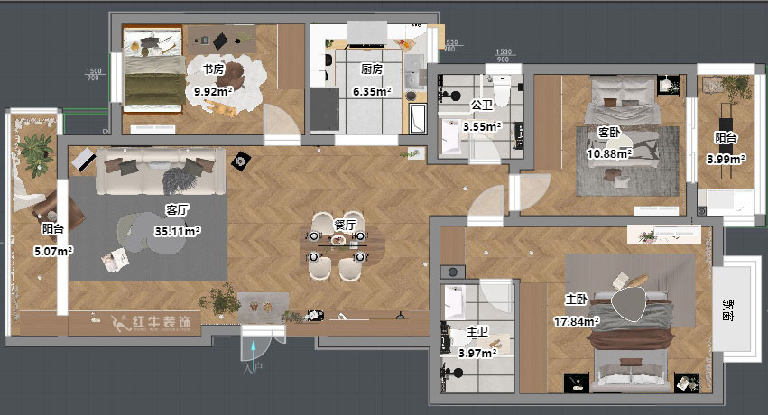 吳波|仁恒翠竹園28-2-303-117㎡-現(xiàn)代簡約風格|3室2廳2衛(wèi)|舊房裝修|定制家|全包13萬|00_03平面彩圖