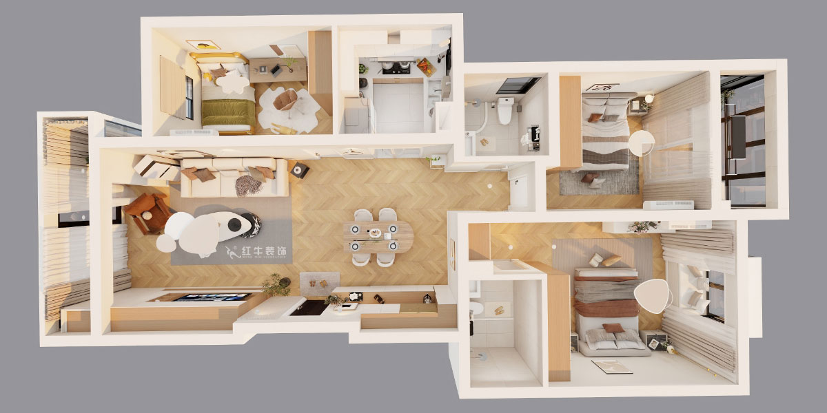 吳波|仁恒翠竹園28-2-303-117㎡-現(xiàn)代簡約風格|3室2廳2衛(wèi)|舊房裝修|定制家|全包13萬|00_04鳥瞰圖