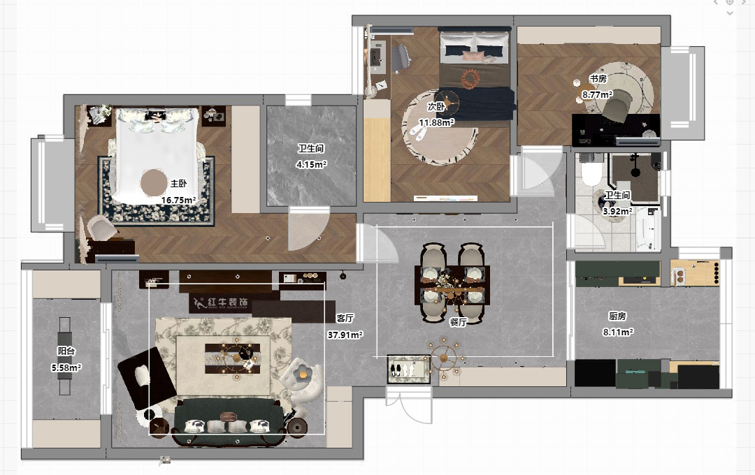 劉小勇|江南名府3-204-115㎡-簡美風(fēng)格|3室2廳1衛(wèi)|老房裝修|定制家|全包13萬|00_03平面彩圖