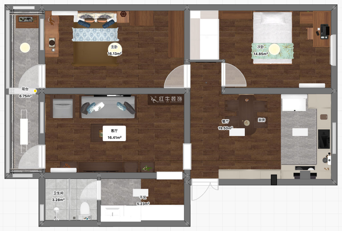 孟憲濤|五老村24-201-100㎡-現(xiàn)代簡約風(fēng)格|3室2廳1衛(wèi)|老房裝修|定制家|全包14萬|00_03平面彩圖