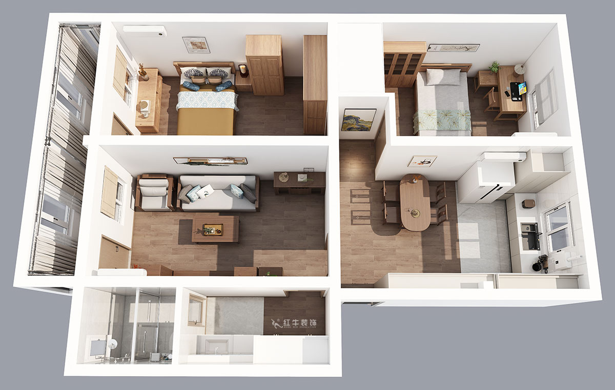 孟憲濤|五老村24-201-100㎡-現(xiàn)代簡約風(fēng)格|3室2廳1衛(wèi)|老房裝修|定制家|全包14萬|00_04鳥瞰圖