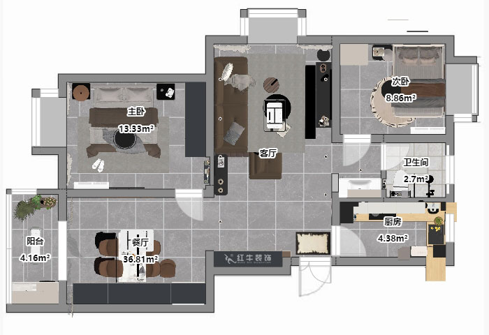 仇美蓉|新建雅苑9-4-208-80㎡-簡(jiǎn)約風(fēng)格|3室2廳1衛(wèi)|老房裝修|定制家|全包10萬(wàn)|00_03平面彩圖