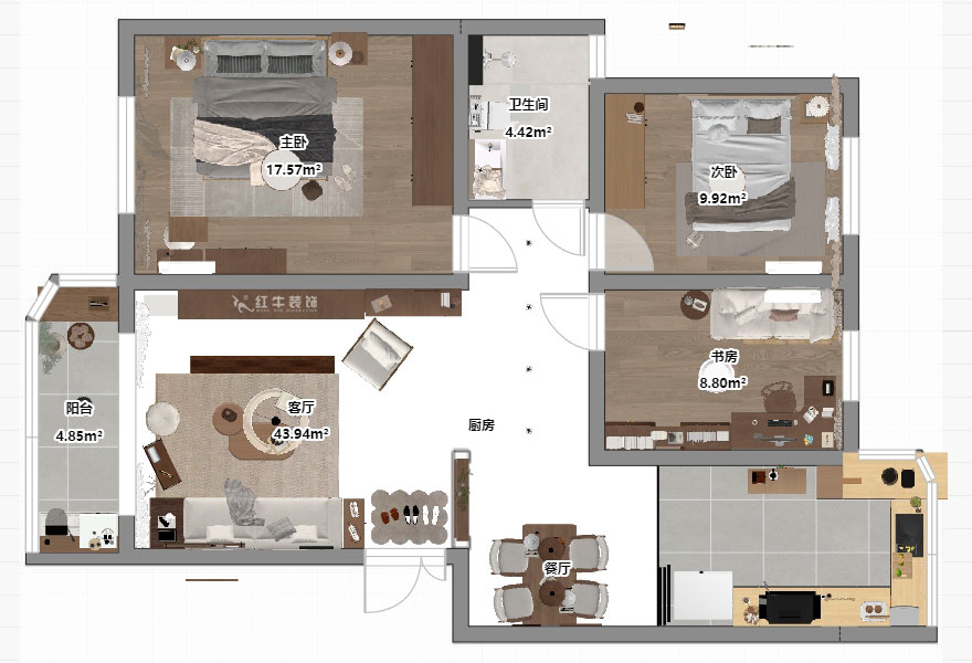 朱明琪|月牙湖花園3-1-402-89㎡-原木風格|3室2廳1衛(wèi)|老房翻新|定制家|全包13萬|00_03平面彩圖