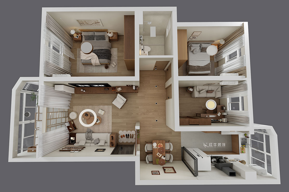 朱明琪|月牙湖花園3-1-402-89㎡-原木風格|3室2廳1衛(wèi)|老房翻新|定制家|全包13萬|00_04鳥瞰圖